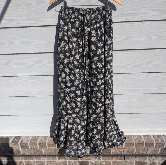 Promesa Skirt Black Size S Floral Maxi High Waist Elastic Buttondown Ties Flowy - Picture 1 of 7